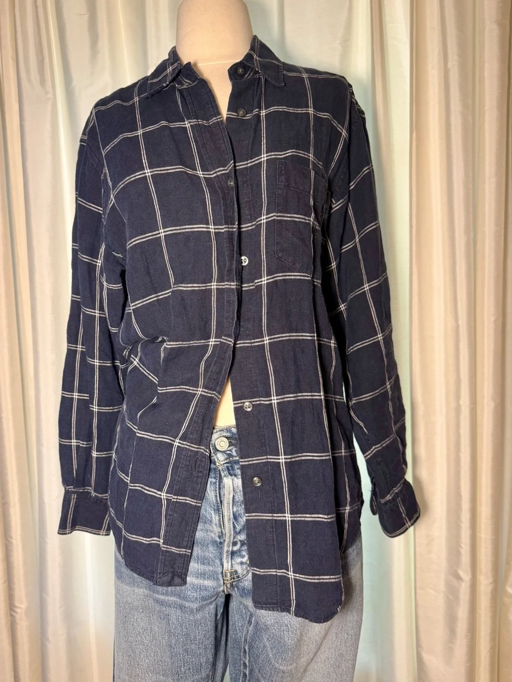 Ralph Lauren 100 Linen Navy Windowpane Button-Up Shirt - Picture 1 of 9